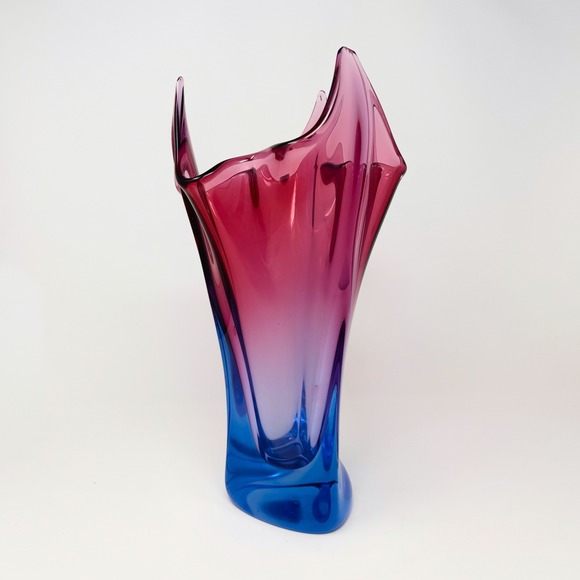 Other - Vintage Hand Blown Sommerso Art Glass Vase Blue Pink Handkerchief Murano Style